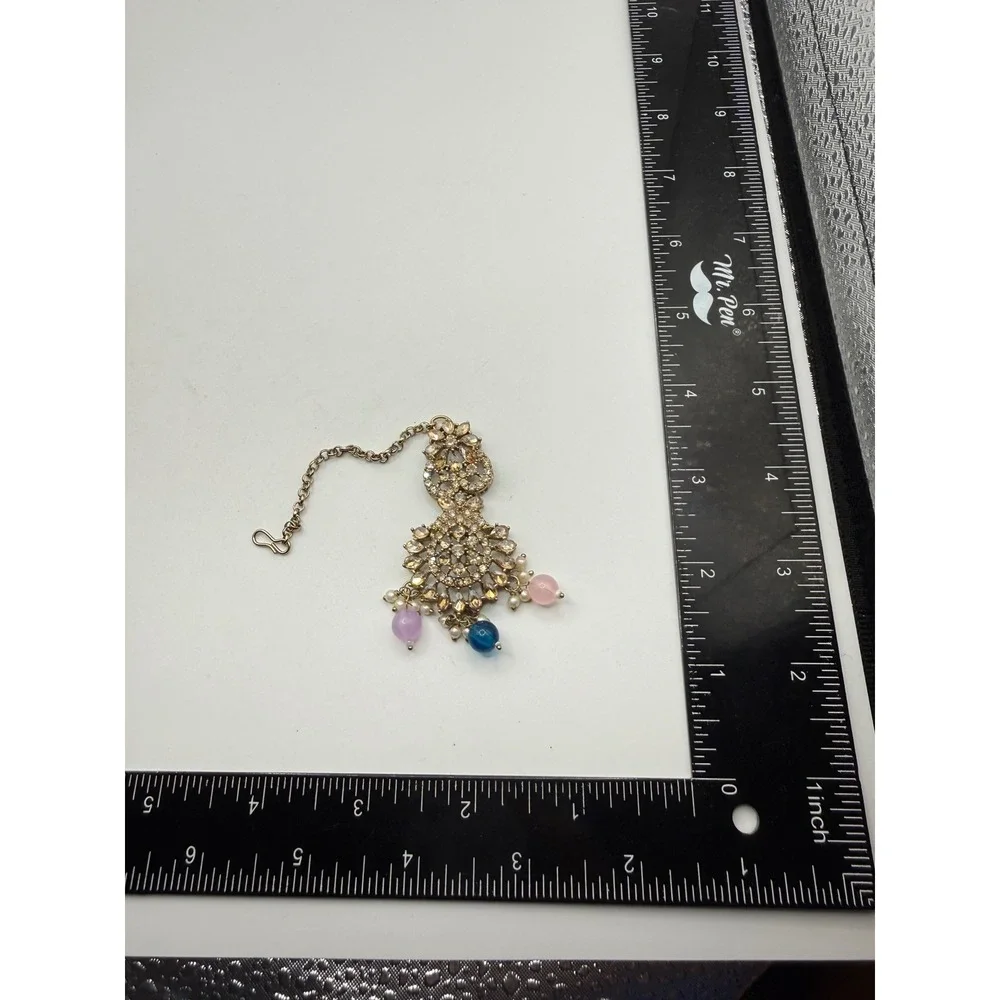 Gold Tone Crystal Maang Tikka‎ Indian Bridal Hair Jewelry Pastel Beads Boho